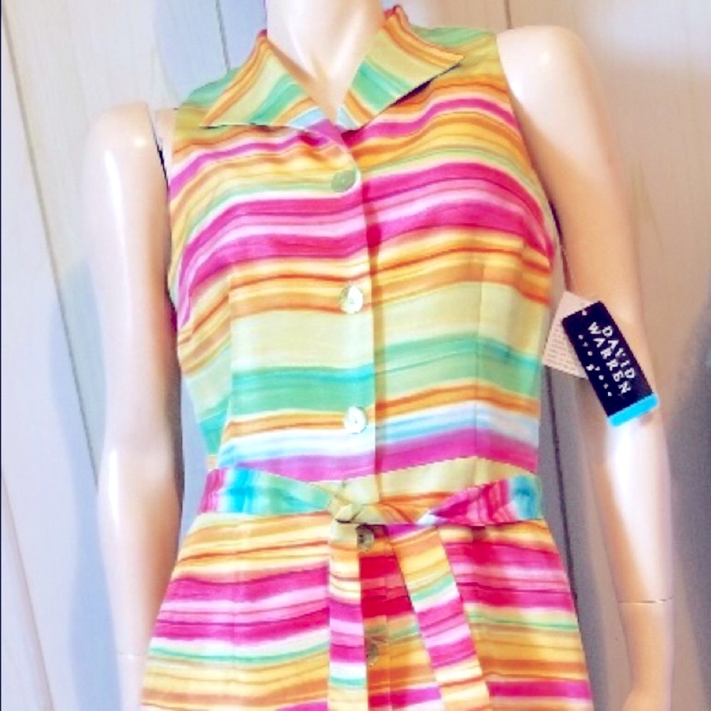 Vintage 90s RETRO MOD David Warren Silk Rainbow Striped Dress NWT